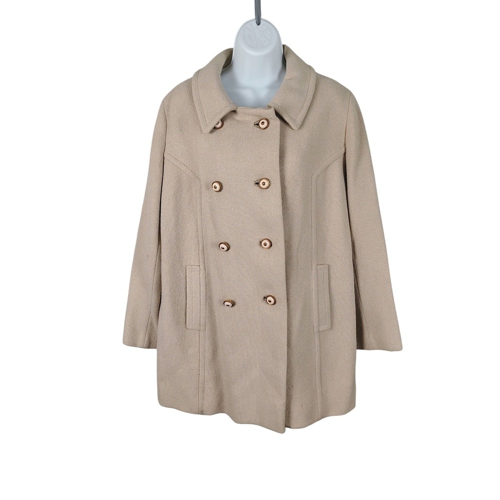 Vtg Pioneer Coat Co Beige Double Breasted Pea Coat Textured Mid Length 22x30.5